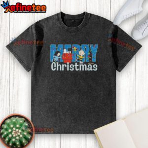 Nice Peanuts Snoopy and Friends Merry Christmas lights graphic on a washed t-shirt, perfect for holiday celebrations.