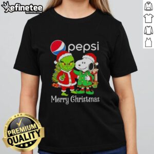 Nice Pepsi x Grinch and Snoopy Merry Christmas ladies tee featuring festive graphics and vibrant colors.