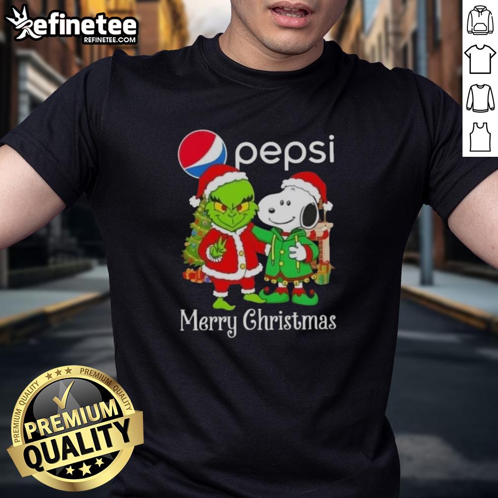 Alt Text: Nice Pepsi X Grinch and Snoopy Merry Christmas T-Shirt featuring festive graphics for holiday cheer.
