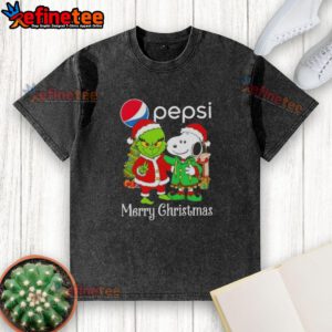 Alt Text: Nice Pepsi x Grinch and Snoopy Merry Christmas washed t-shirt featuring festive graphics and vibrant colors.