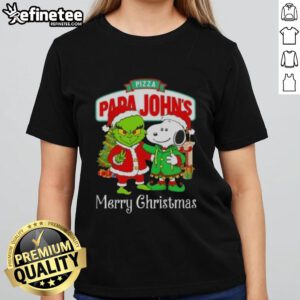 Festive Merry Christmas ladies tee featuring Papa John's pizza, The Grinch, and Snoopy designs for holiday cheer.