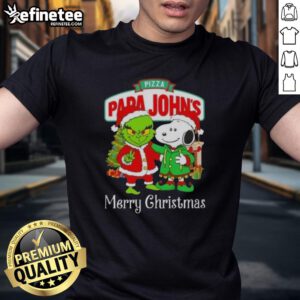 Nice Pizza Papa John's x Grinch and Snoopy Merry Christmas T-Shirt featuring festive design with beloved characters.