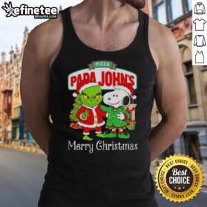 Merry Christmas tank top featuring Papa John's pizza with Grinch and Snoopy designs, perfect for festive celebrations.