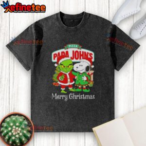 Alt Text: Papa John's Grinch and Snoopy Merry Christmas washed t-shirt featuring a fun pizza design for festive celebrations.
