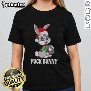 Nice Puck Bunny Christmas Ladies Tee featuring a festive design perfect for hockey fans celebrating the holiday season.