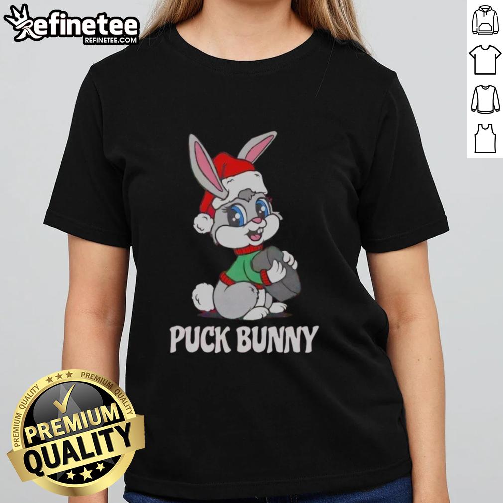 Nice Puck Bunny Christmas Ladies Tee featuring a festive design perfect for hockey fans celebrating the holiday season.