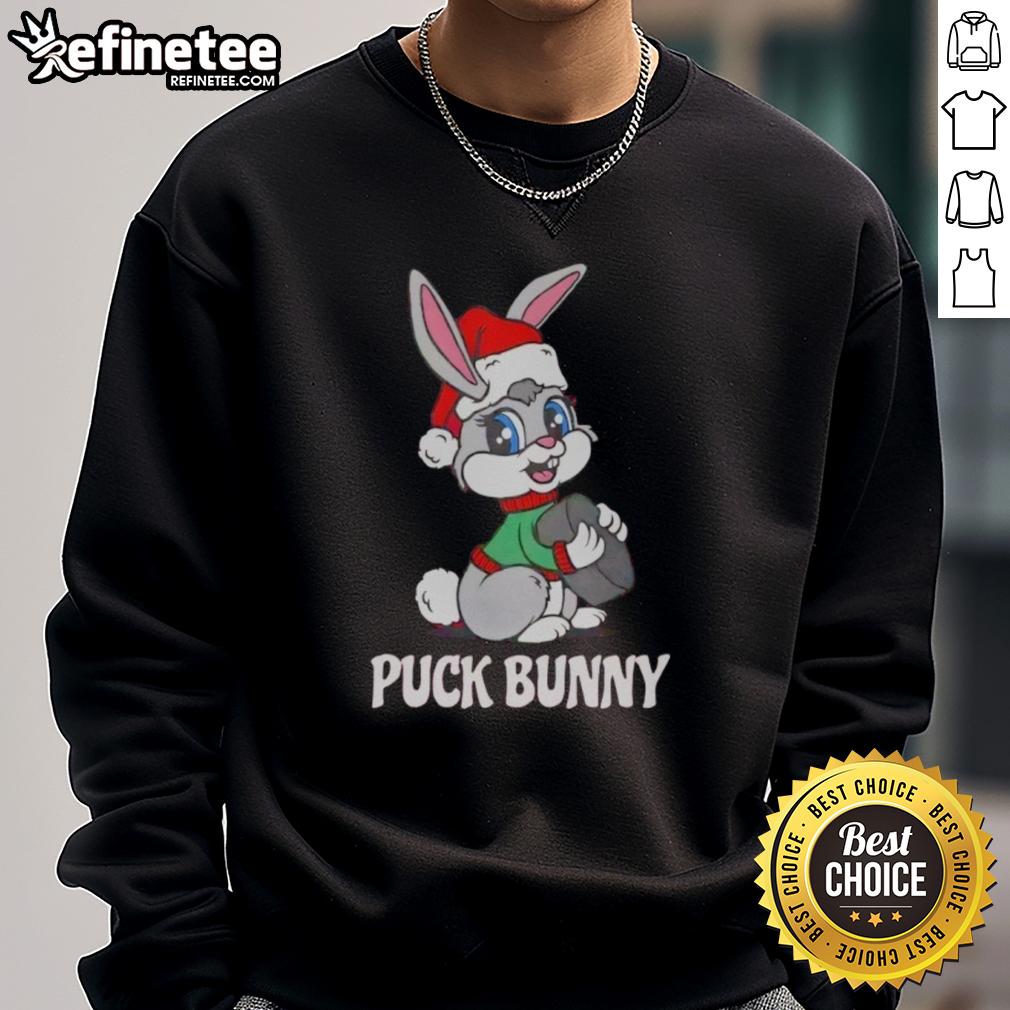 Cozy Nice Puck Bunny Christmas sweatshirt featuring a festive hockey design, perfect for holiday sports fans.