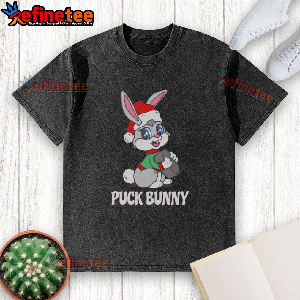 Nice Puck Bunny Christmas washed t-shirt featuring festive hockey-themed graphics for holiday cheer.