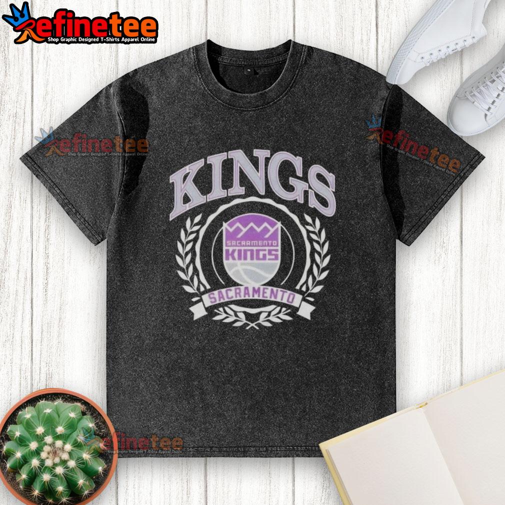 Alt Text: Sacramento Kings National Basketball Association crest on a washed t-shirt, perfect for fans and casual wear.