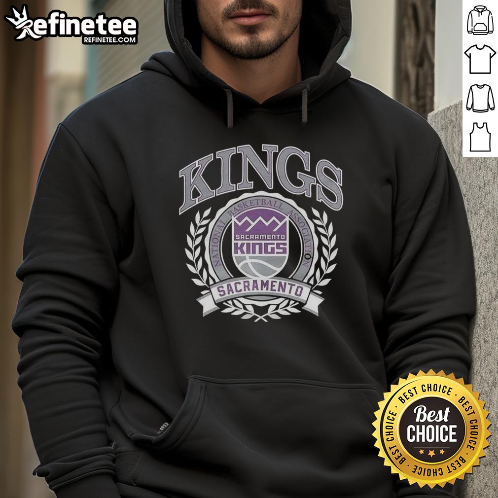 Retro Sacramento Kings NBA logo hoodie with laurel wreath frame, perfect for fans of basketball apparel.
