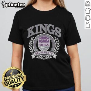 Alt Text: Retro Sacramento Kings NBA logo with laurel wreath frame on a ladies tee, perfect for basketball fans.