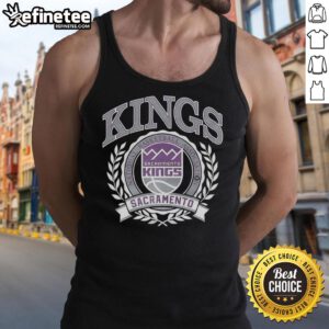 Retro Sacramento Kings NBA logo tank top with laurel wreath frame, perfect for basketball fans and stylish outfits.