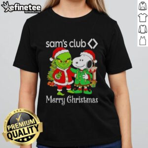 Nice Sams Club X Grinch and Snoopy Merry Christmas Ladies Tee showcasing festive designs perfect for holiday celebrations.