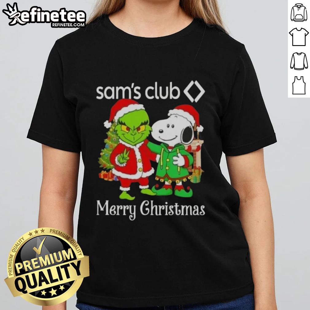 Nice Sams Club X Grinch and Snoopy Merry Christmas Ladies Tee showcasing festive designs perfect for holiday celebrations.