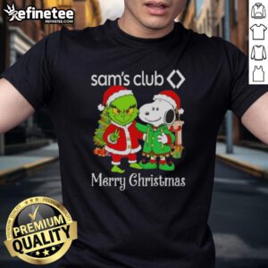 Nice Sam's Club X Grinch and Snoopy Merry Christmas T-Shirt featuring festive holiday graphics and vibrant colors.