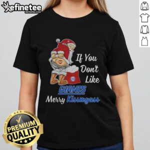 Funny Santa Claus graphic on a ladies tee reading 'If You Don't Like New York Giants, Merry Kiss My Ass'.