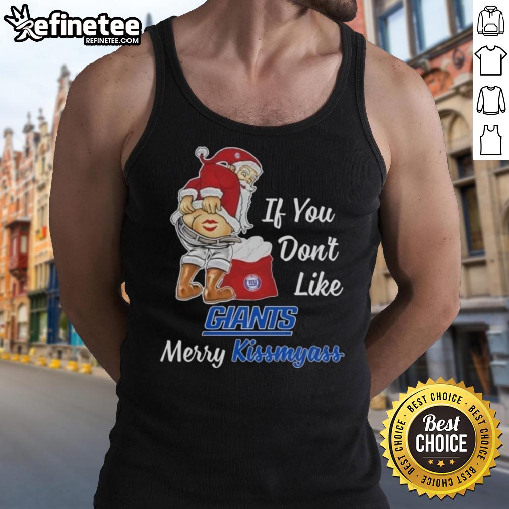 Funny Santa Claus graphic on a 'Kiss My Ass' tank top for New York Giants fans, perfect for holiday cheer.