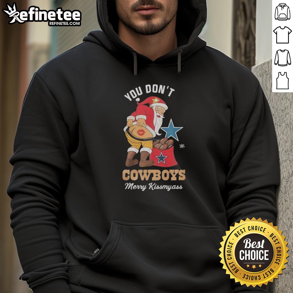 Santa wearing a humorous 'Kiss My Ass' hoodie, perfect for Dallas Cowboys fans celebrating Christmas.