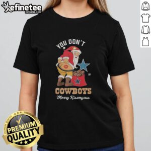 Nice Santa graphic on a Merry Kiss My Ass Christmas ladies tee for Dallas Cowboys fans, perfect for holiday celebrations.