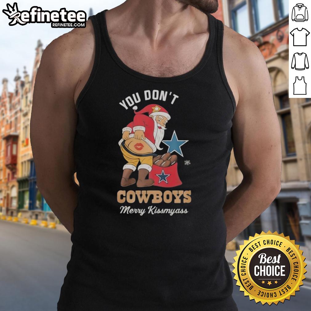 Funny Merry Kiss My Ass Christmas tank top featuring Santa and a Dallas Cowboys theme. Perfect for holiday cheer!