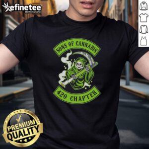 Alt Text: Nice Skull Son Of Cannabis 420 Chapter Grim Reaper Logo T-Shirt design featuring a skull and cannabis elements.