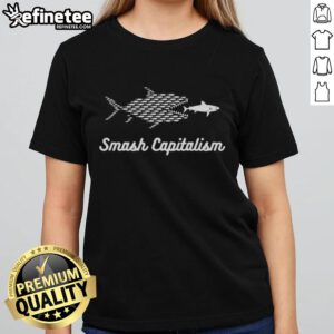 Nice Smash Capitalism Fish Ladies Tee featuring a vibrant graphic design and stylish fit for eco-conscious fashion lovers.