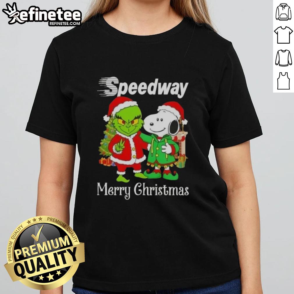 Nice Speedway X Grinch and Snoopy Merry Christmas ladies tee featuring festive designs for holiday cheer.