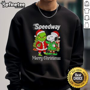 Nice Speedway X Grinch and Snoopy Merry Christmas sweatshirt featuring festive designs for holiday spirit and style.