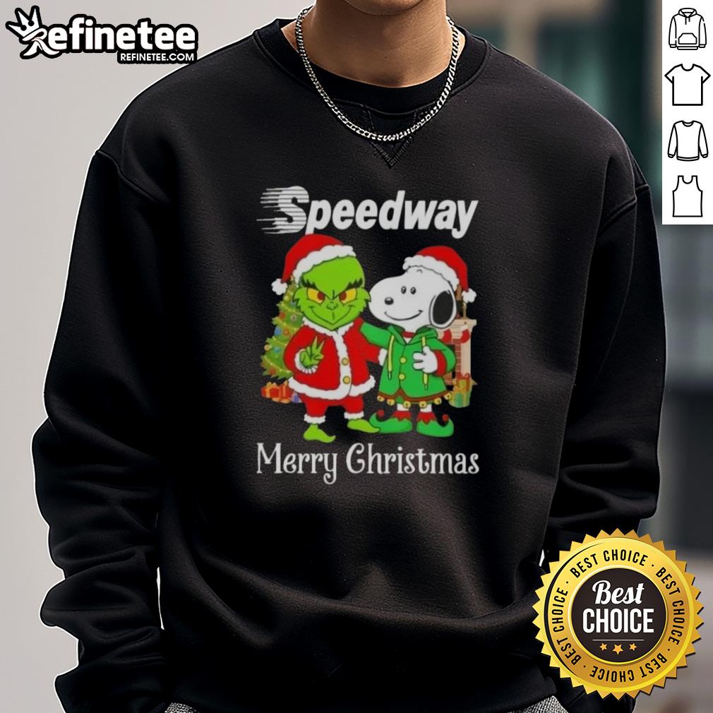 Nice Speedway X Grinch and Snoopy Merry Christmas sweatshirt featuring festive designs for holiday spirit and style.