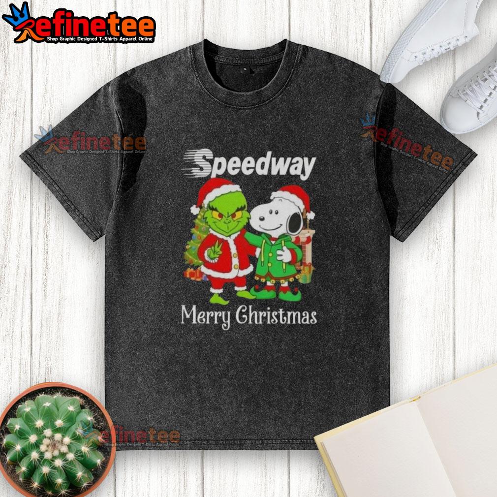 Nice Speedway X Grinch and Snoopy Merry Christmas washed t-shirt featuring festive graphics for the holiday season.