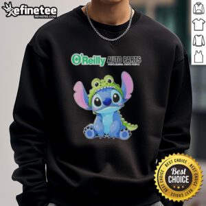 Nice Stitch Cosplay in Crocodile sweatshirt featuring Oreilly Auto Parts logo, showcasing unique fandom style.
