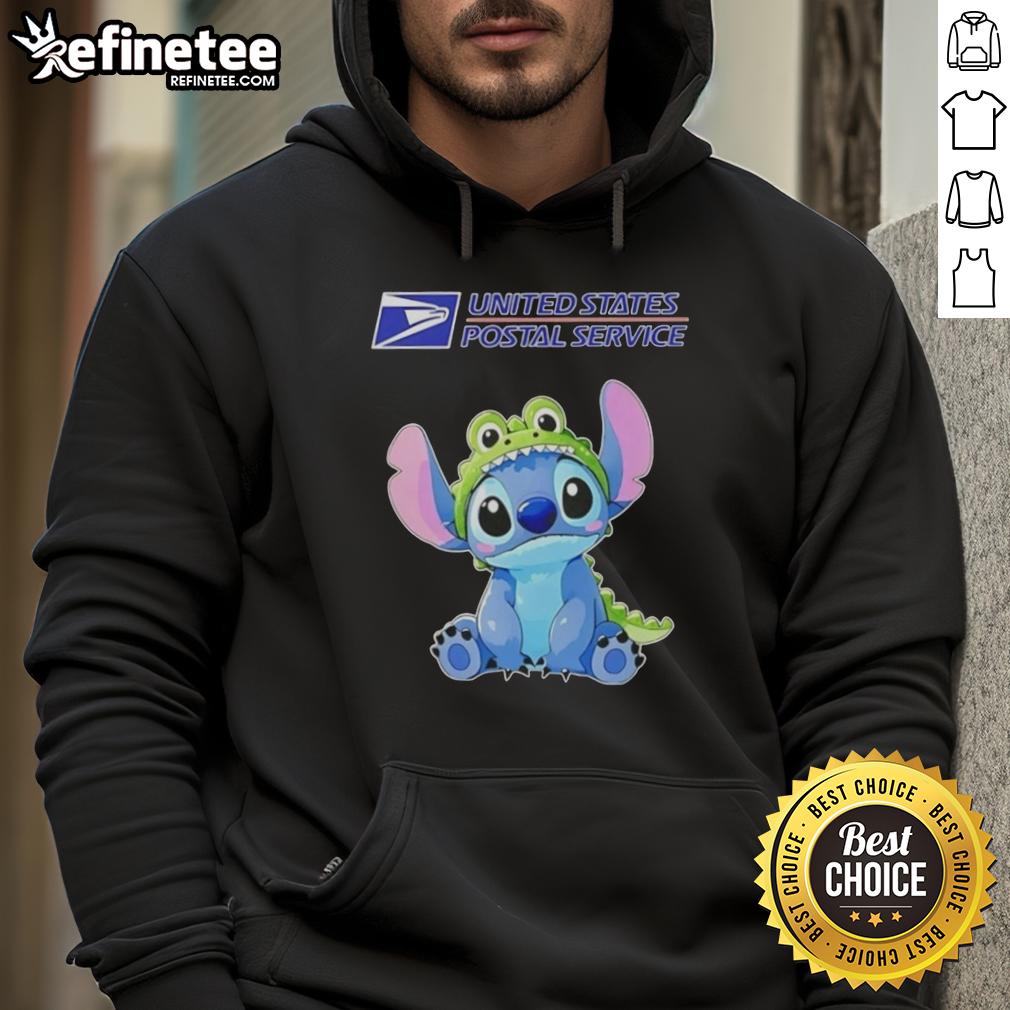 Cosplay of Nice Stitch as Crocodile wearing a USPS hoodie, showcasing vibrant colors and detailed stitching.
