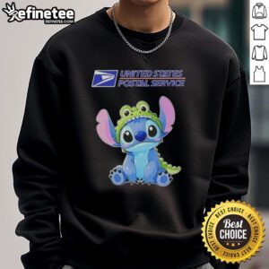 Cosplayer wearing a Nice Stitch Crocodile X USPS sweatshirt, showcasing vibrant colors and detailed design.