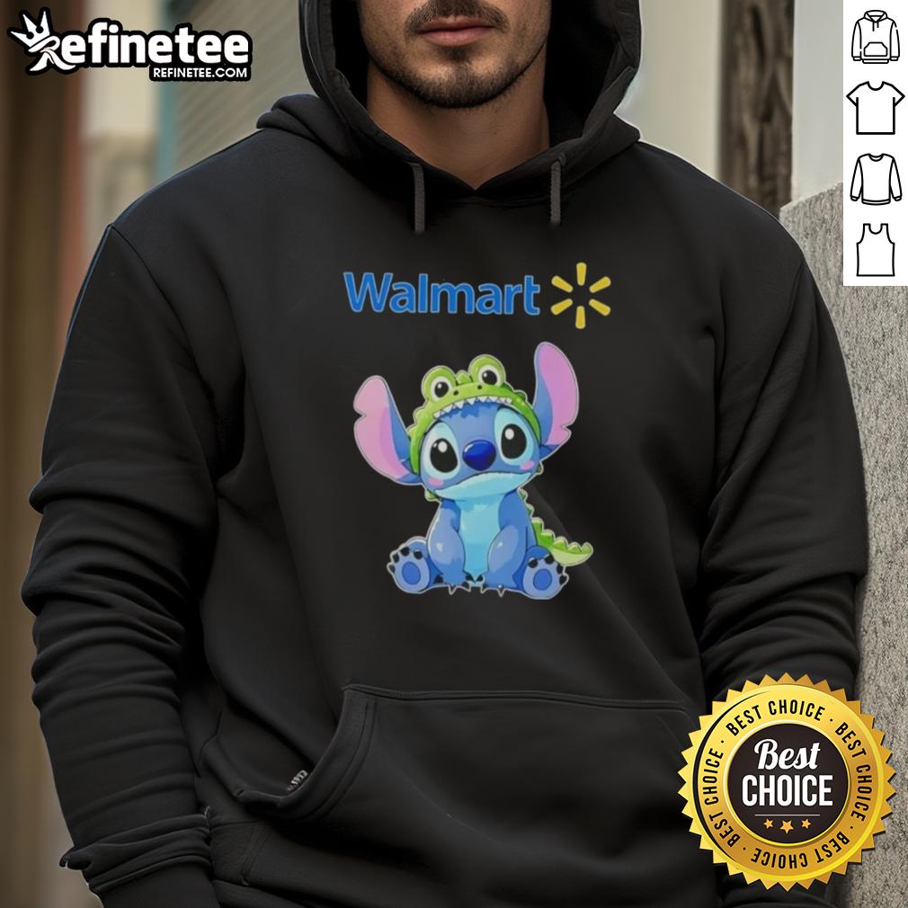 Cosplay featuring Nice Stitch and Crocodile characters wearing a Walmart hoodie, showcasing vibrant colors and playful design.