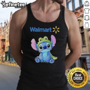 Cosplayer in Nice Stitch outfit with Crocodile and Walmart tank top, showcasing vibrant colors and detailed design.