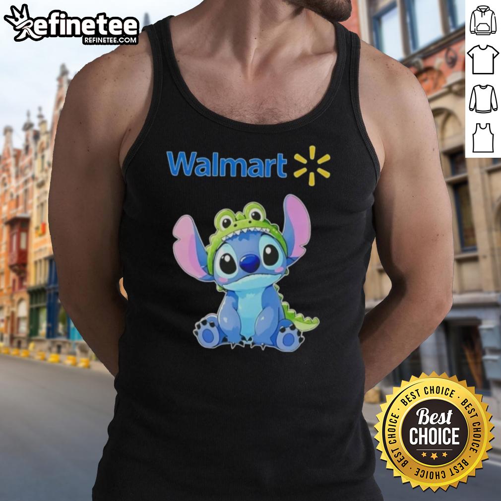 Cosplayer in Nice Stitch outfit with Crocodile and Walmart tank top, showcasing vibrant colors and detailed design.