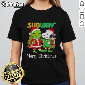 Nice Subway X Grinch and Snoopy Merry Christmas Ladies Tee featuring festive design for holiday cheer.