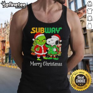 Alt Text: Merry Christmas tank top featuring Grinch and Snoopy designs, perfect for festive subway rides and holiday celebrations.