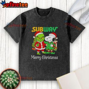 Nice Subway X Grinch and Snoopy Merry Christmas washed t-shirt featuring festive graphics for holiday cheer.