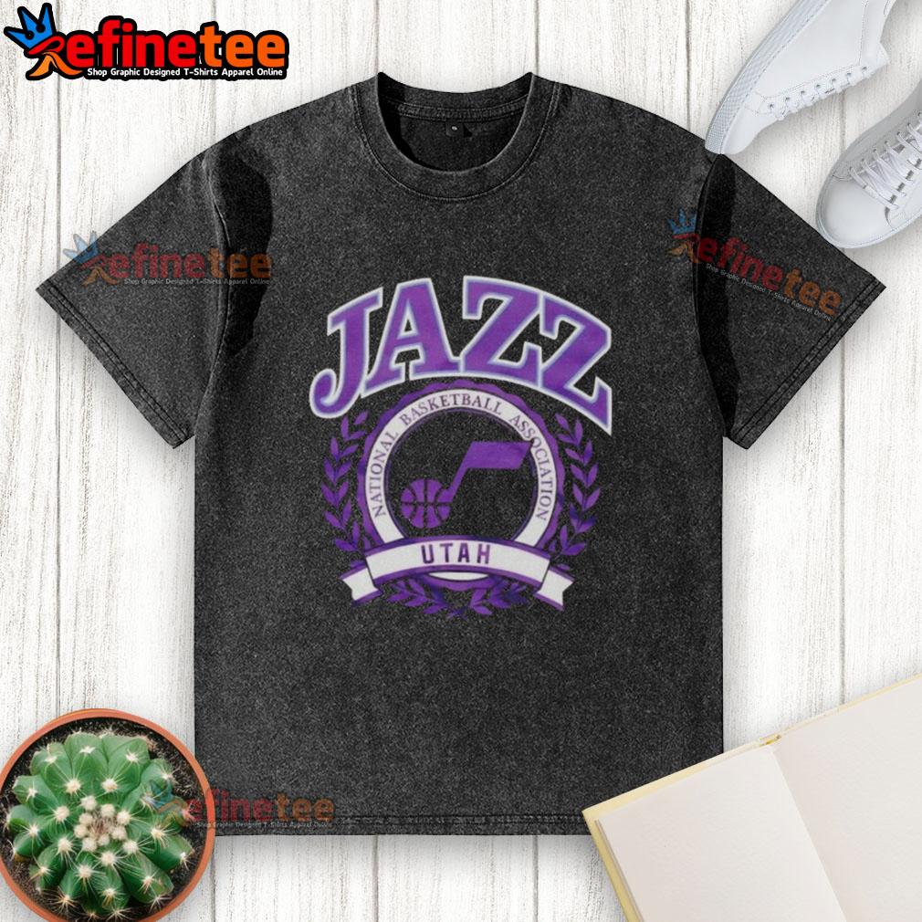 Nice Utah Jazz National Basketball Association crest washed t-shirt featuring vibrant team colors and logo design.