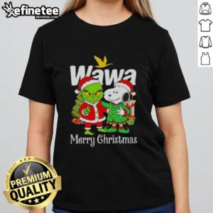 Alt Text: Nice Wawa x Grinch and Snoopy Merry Christmas ladies tee featuring festive graphics and a cheerful design.