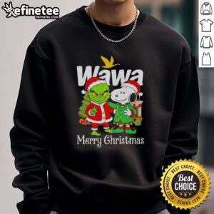 Alt Text: Cozy Nice Wawa X Grinch and Snoopy Merry Christmas sweatshirt featuring festive designs perfect for holiday cheer.