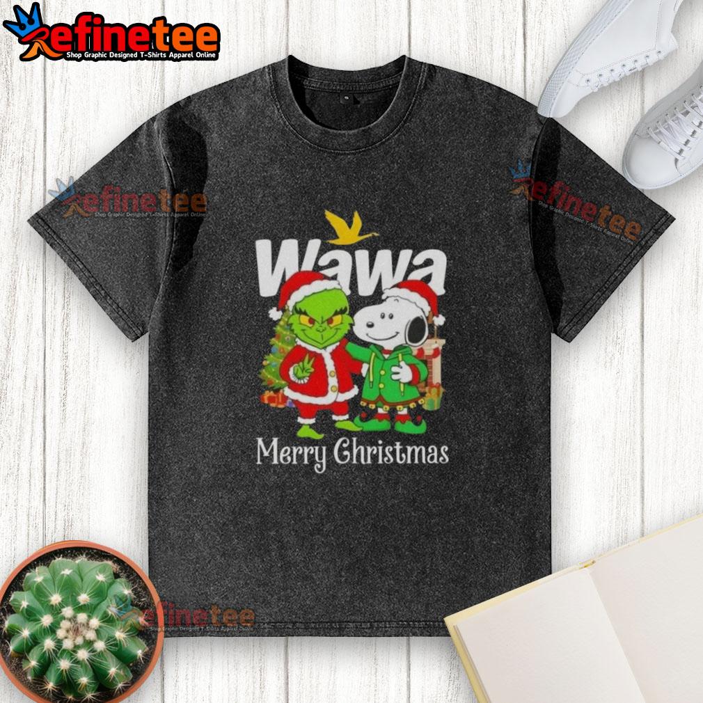 Nice Wawa X Grinch and Snoopy Merry Christmas washed t-shirt featuring festive graphics for holiday cheer.