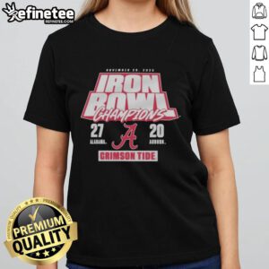 Alt Text: Official Alabama Crimson Tide Ladies Tee celebrating 27-20 victory over Auburn Tigers in the Iron Bowl, November 29, 2025.