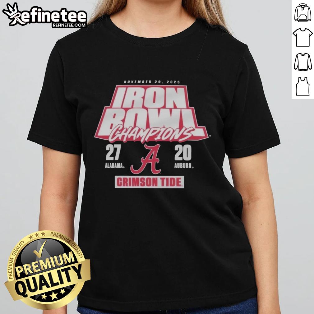 Alt Text: Official Alabama Crimson Tide Ladies Tee celebrating 27-20 victory over Auburn Tigers in the Iron Bowl, November 29, 2025.