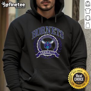 Alt Text: Official Charlotte Hornets NBA logo with laurel wreath frame on a retro hoodie, perfect for basketball fans.