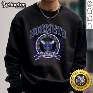 Alt Text: Official Charlotte Hornets NBA logo in laurel wreath frame on a retro sweatshirt design, showcasing team spirit.