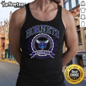 Retro tank top featuring the official Charlotte Hornets NBA logo in a laurel wreath frame, perfect for basketball fans.
