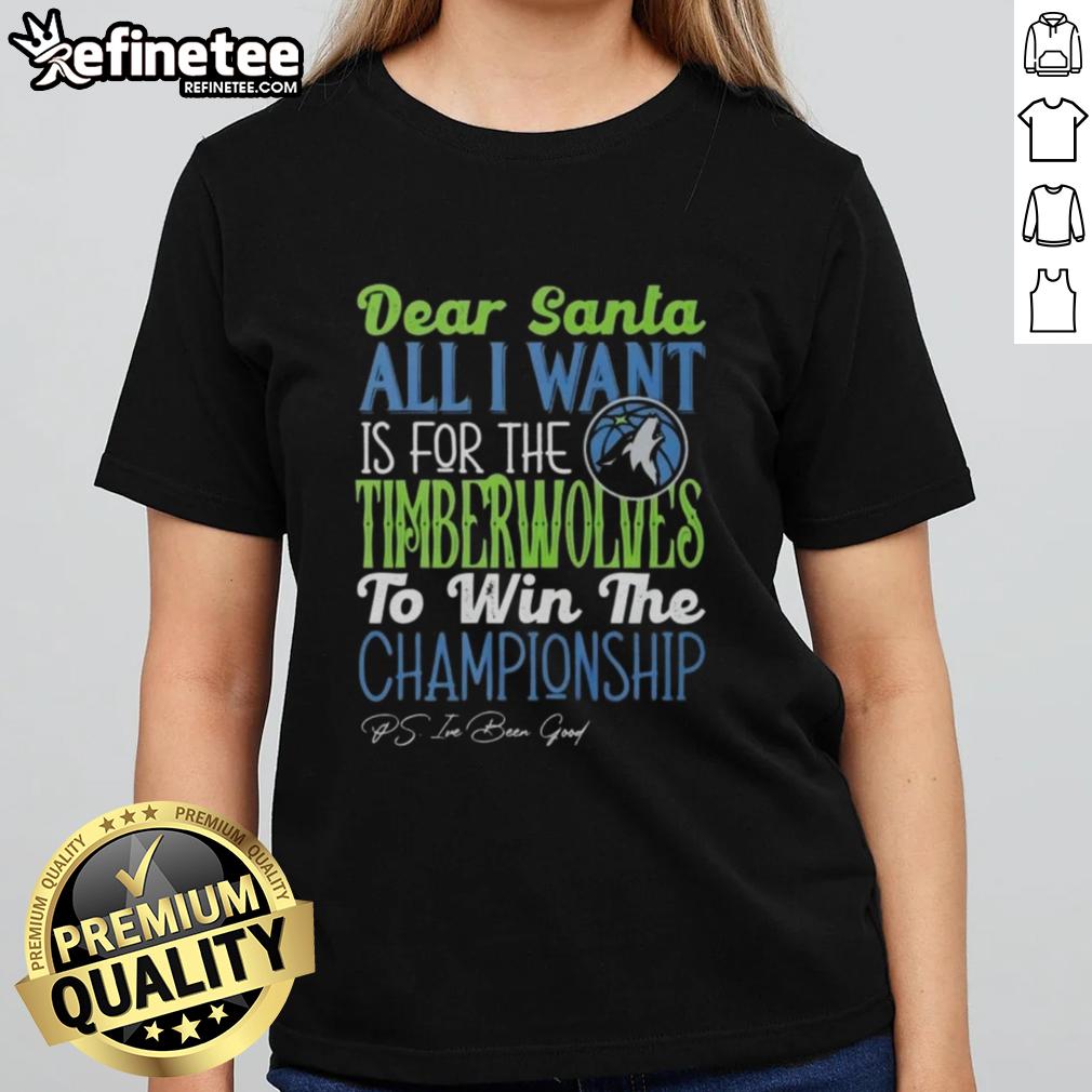 Alt Text: Minnesota Timberwolves 'Dear Santa' ladies tee, expressing hope for a championship win this season.