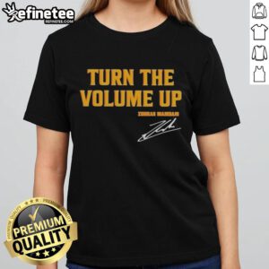 Alt Text: Official Donald Trump Turn The Volume Up Signature Ladies Tee featuring a bold design and vibrant colors for supporters.